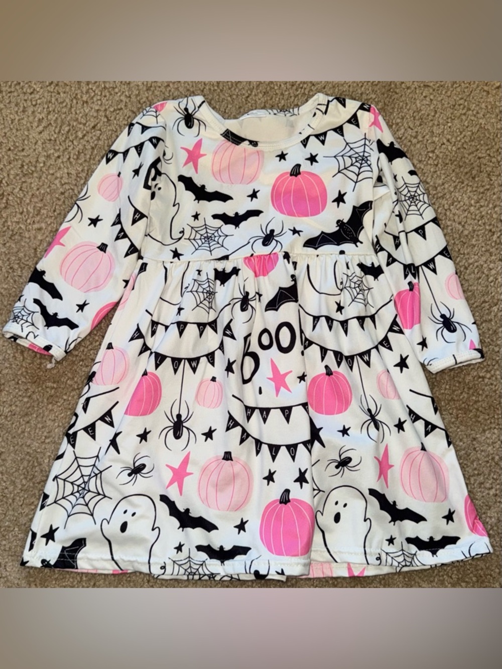 Girls Pink & White Halloween Ghost Print Long-Sleeve Dress